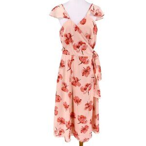 Modcloth Hutch Midi  Wrap Dress Womens Large Peach Pink Floral Adjustable Flowy